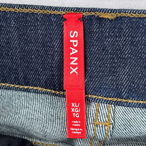 Spanx XL Cropped Kick Flare Jeans Raw Indigo Dark Blue Denim Pull On Stretch - Picture 6 of 11